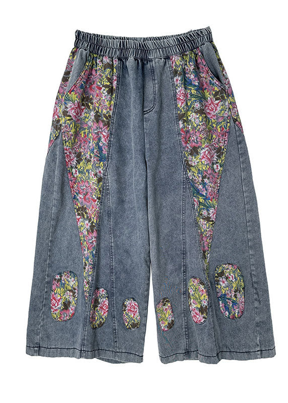 Casual Blue Pockets Print Elastic Waist Denim Crop Wide Leg Pants Summer