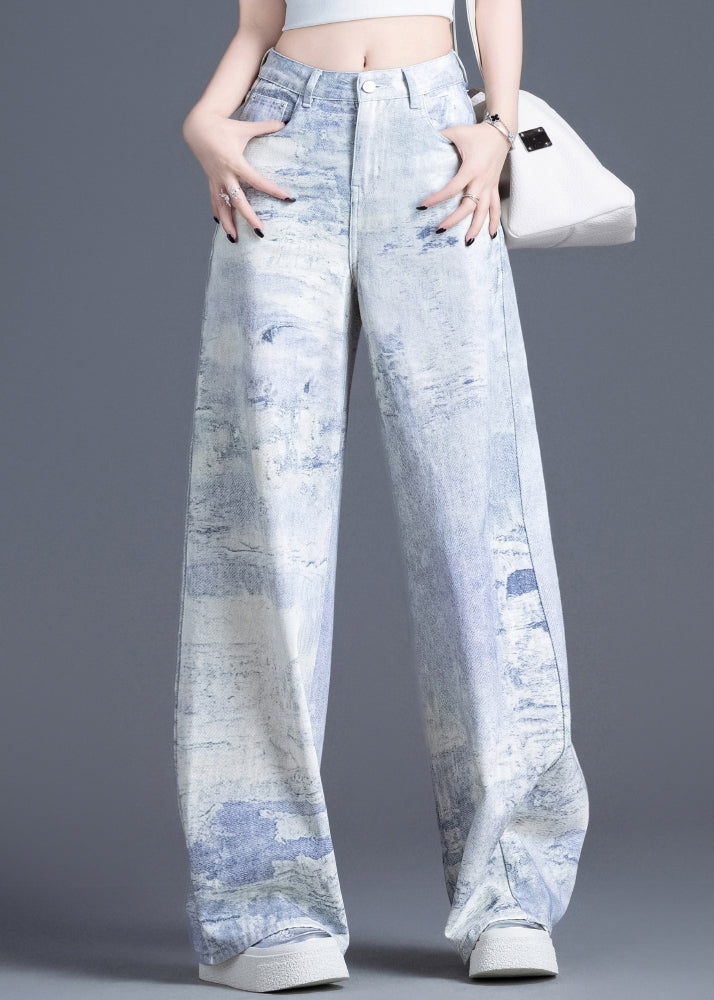 Casual Blue Pockets Tie Dye High Waist Denim Pants Spring