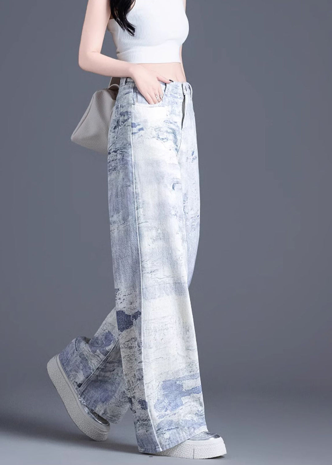 Casual Blue Pockets Tie Dye High Waist Denim Pants Spring