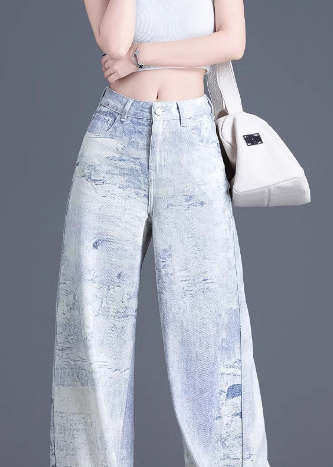 Casual Blue Pockets Tie Dye High Waist Denim Pants Spring