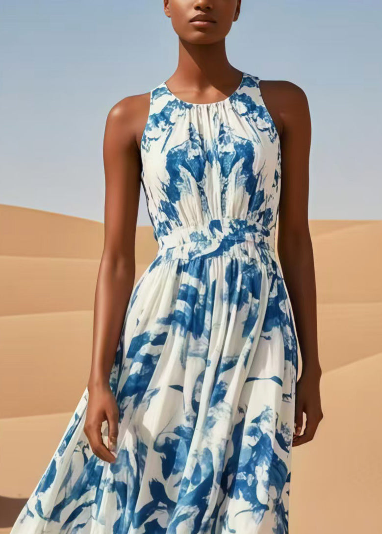 Casual Blue Print Exra Large Hem Cotton Beach Dress Sleeveless
