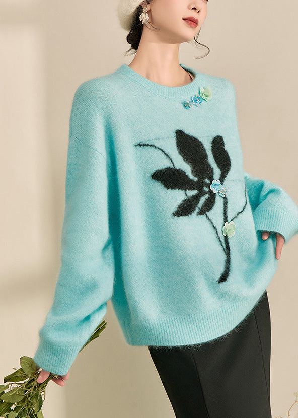 Casual Blue Print Patchwork Thick Cotton Knit Sweater Long Sleeve