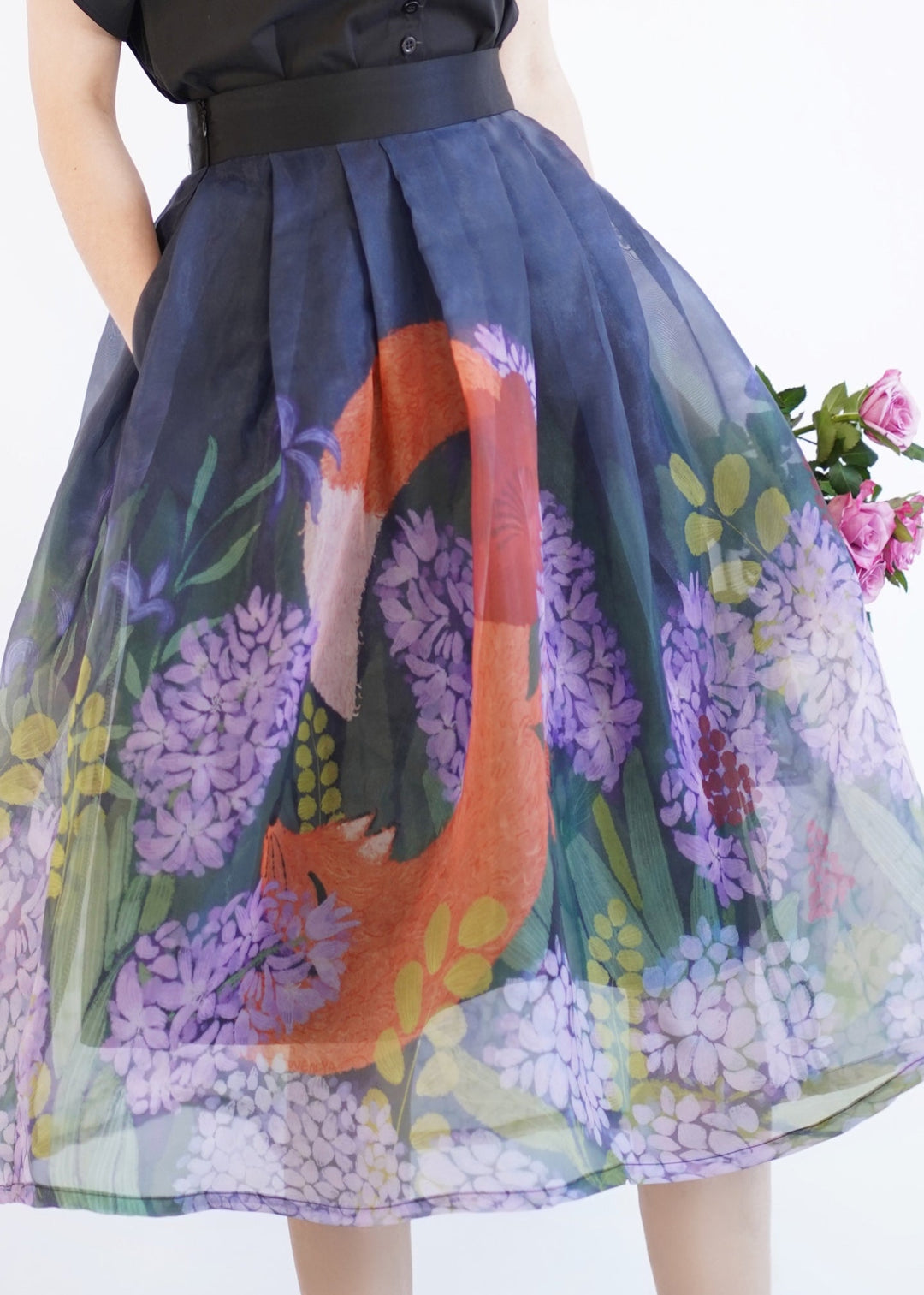 Casual Blue Print Wrinkled Tulle Maxi Skirt