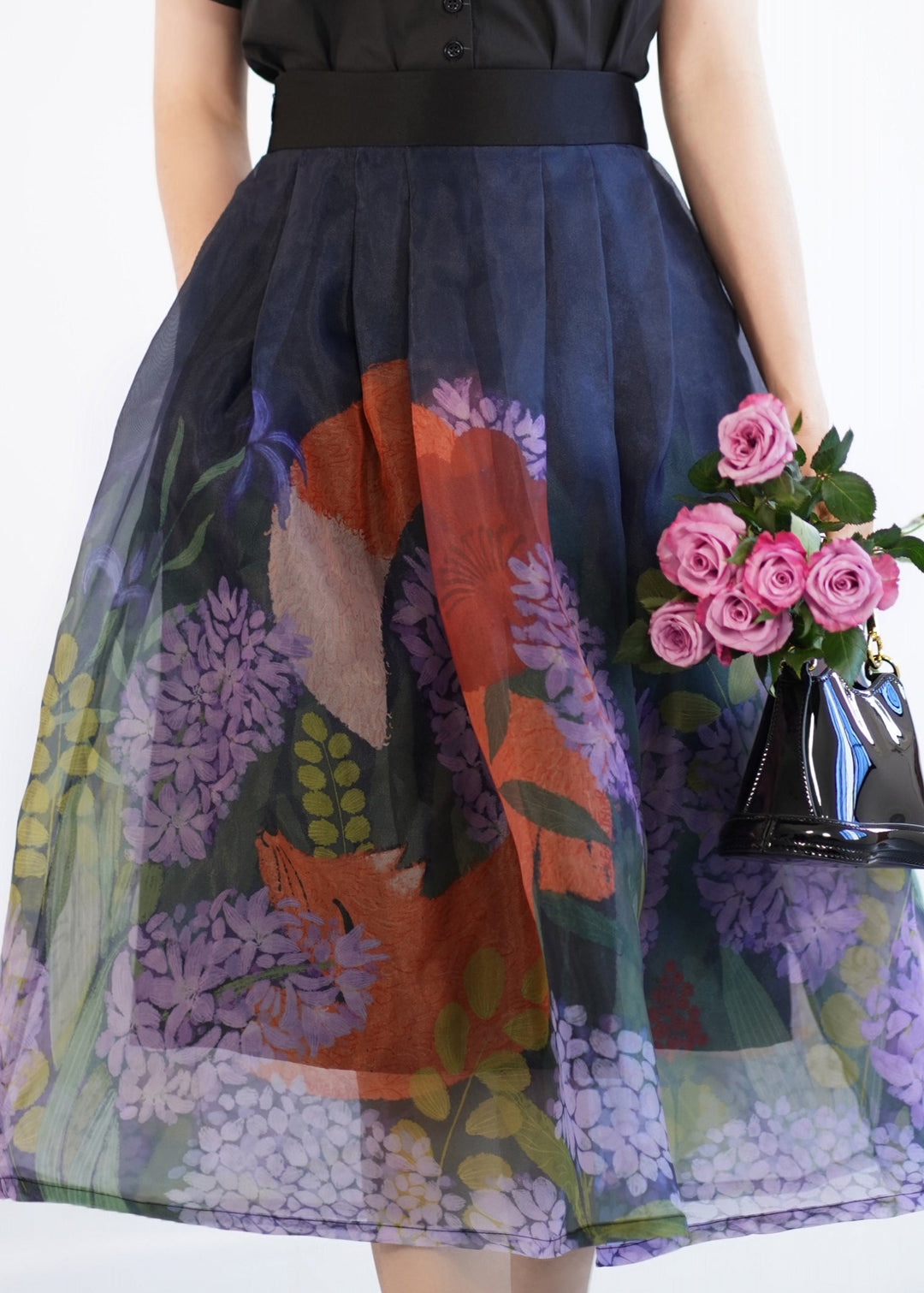 Casual Blue Print Wrinkled Tulle Maxi Skirt