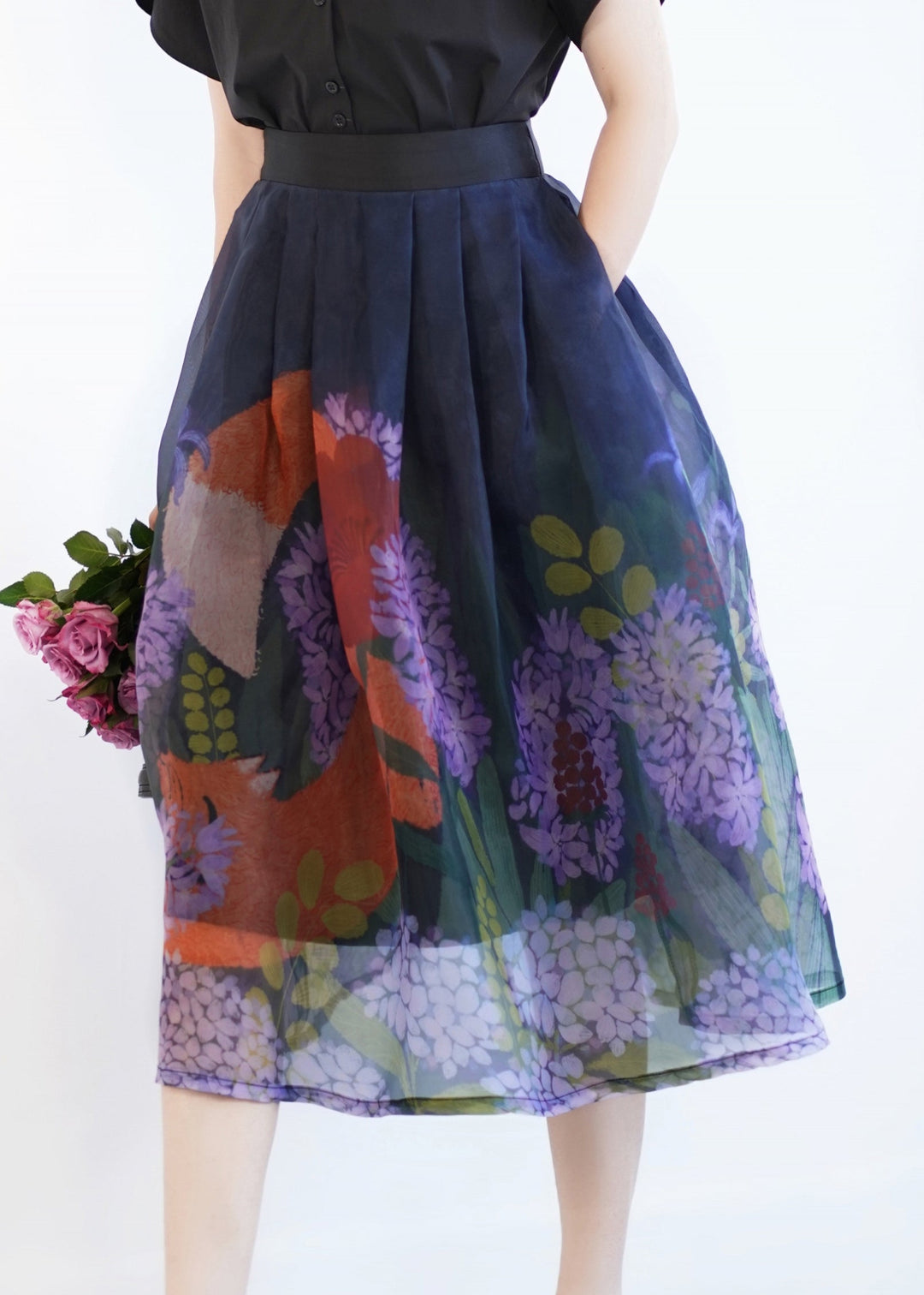 Casual Blue Print Wrinkled Tulle Maxi Skirt