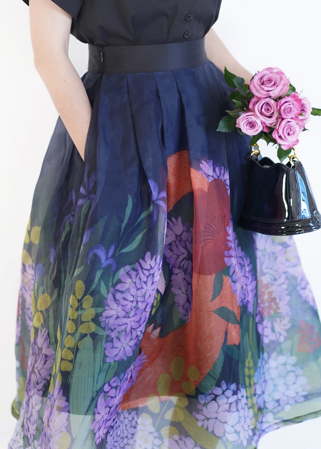 Casual Blue Print Wrinkled Tulle Maxi Skirt