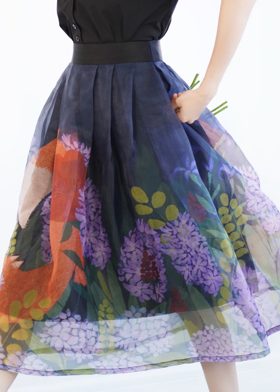 Casual Blue Print Wrinkled Tulle Maxi Skirt