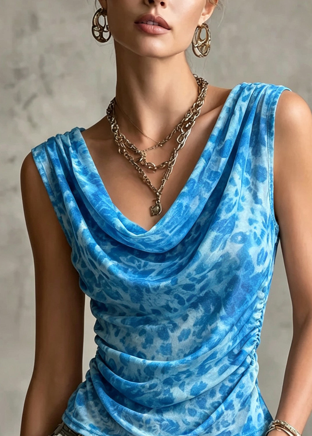 Casual Blue Print Wrinkled Tulle T Shirts Sleeveless