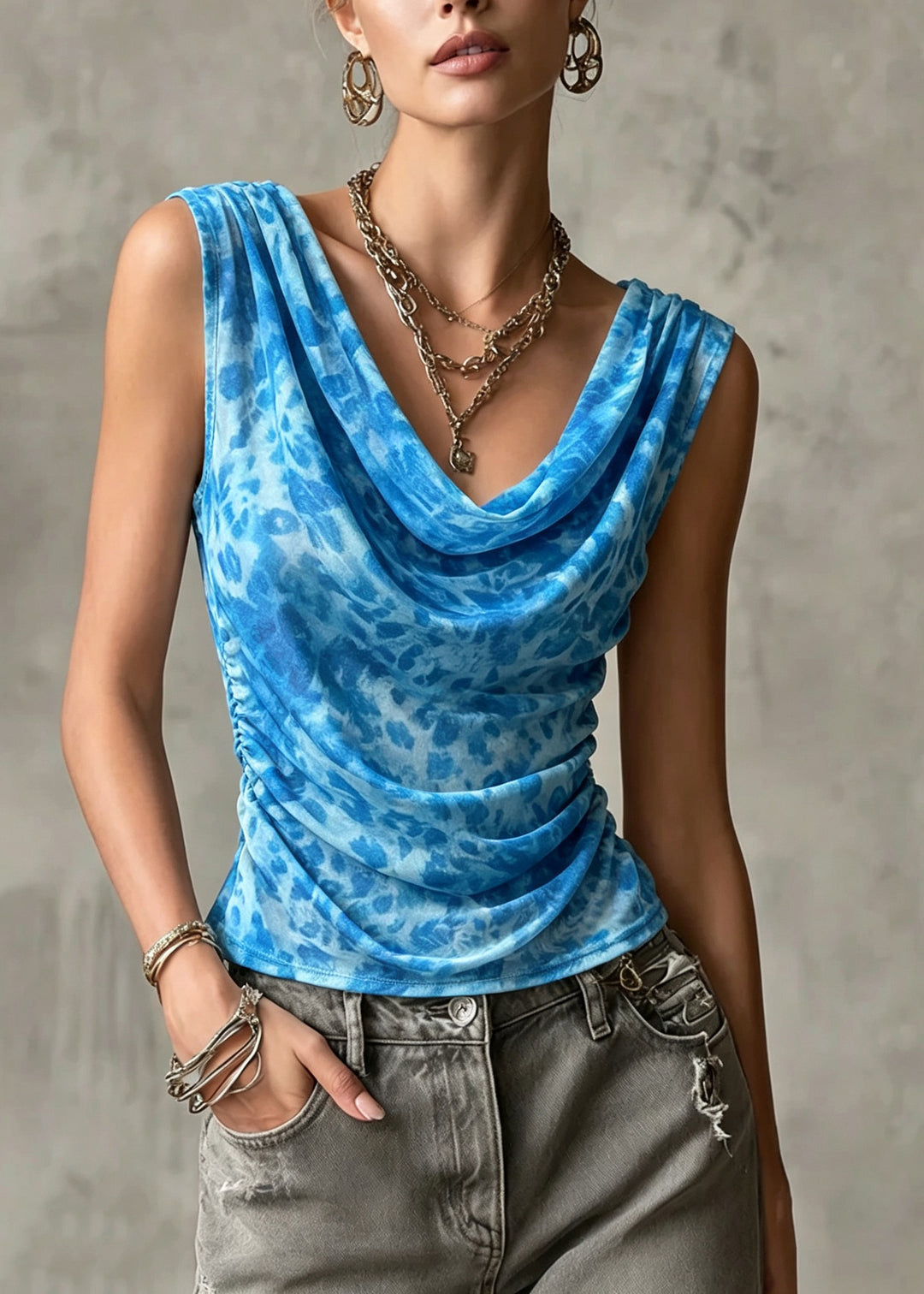 Casual Blue Print Wrinkled Tulle T Shirts Sleeveless