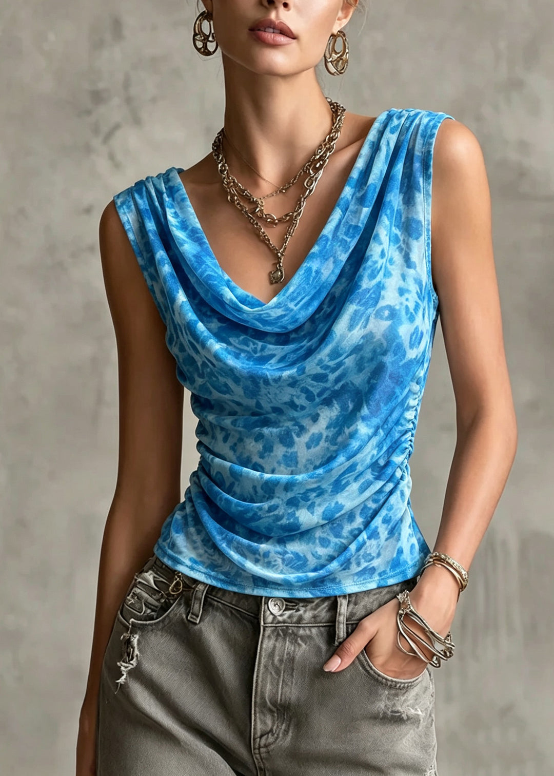 Casual Blue Print Wrinkled Tulle T Shirts Sleeveless