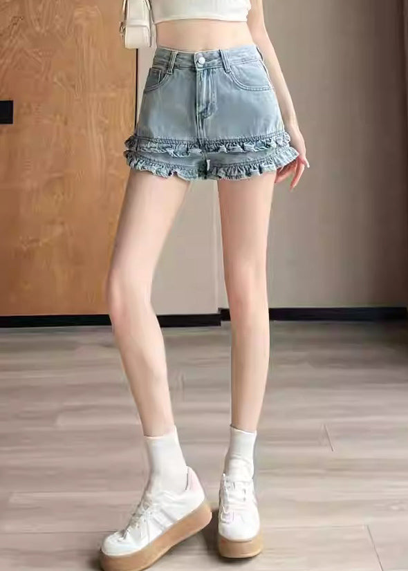 Casual Blue Ruffled Patchwork Denim Shorts Summer