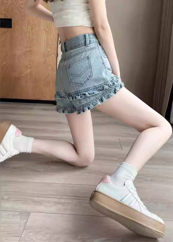 Casual Blue Ruffled Patchwork Denim Shorts Summer