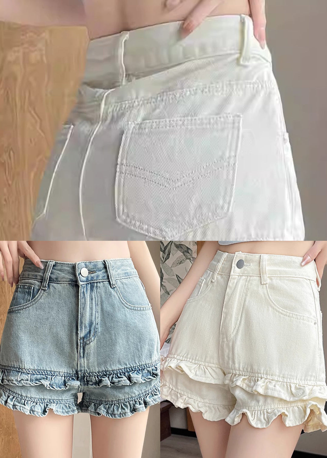 Casual Blue Ruffled Patchwork Denim Shorts Summer