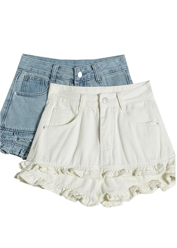 Casual Blue Ruffled Patchwork Denim Shorts Summer