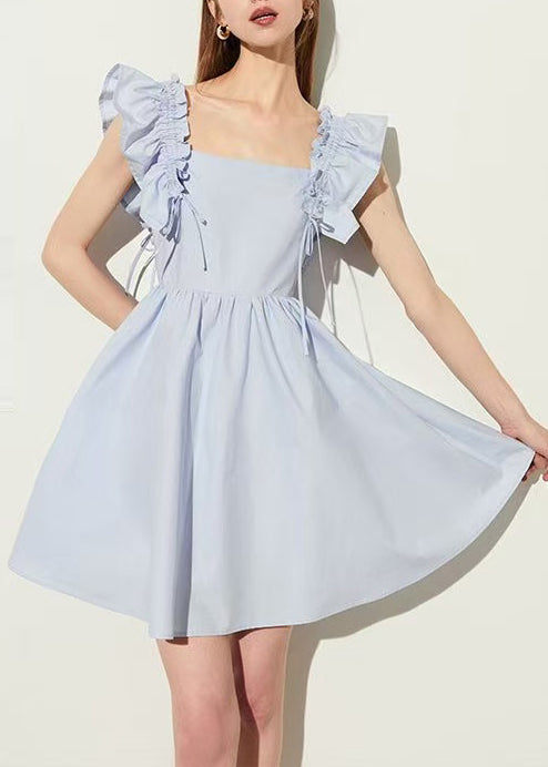 Casual Blue Square Collar Cotton Mini Dress Butterfly Sleeve