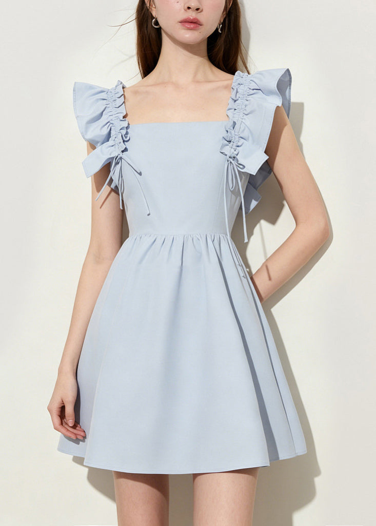 Casual Blue Square Collar Cotton Mini Dress Butterfly Sleeve