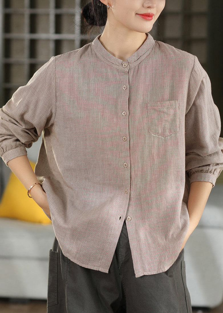 Casual Blue Stand Collar Plaid Cotton Shirts Top Fall