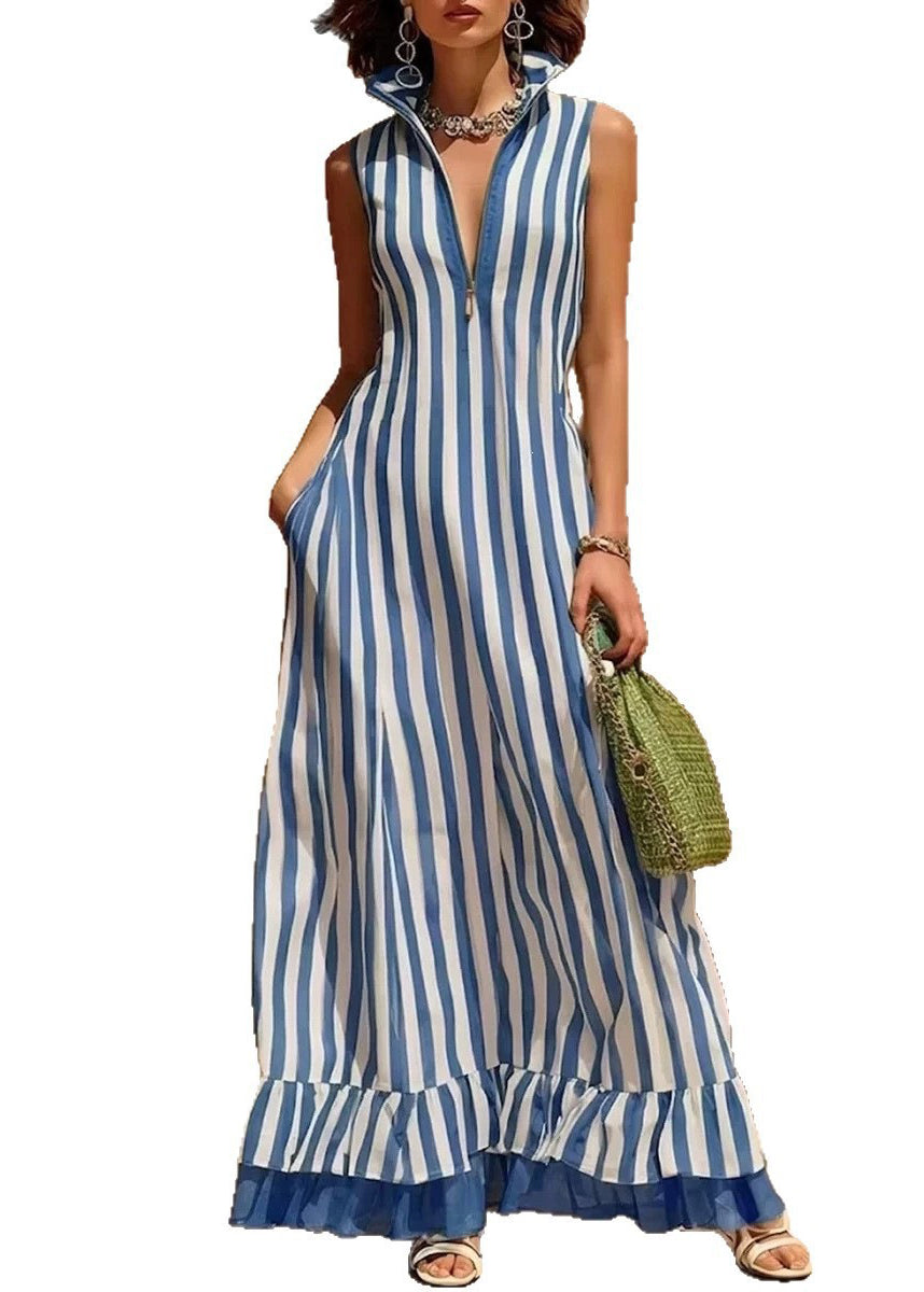 Casual Blue Striped Stand Collar Zippered Patchwork Maxi Dress Sleeveless