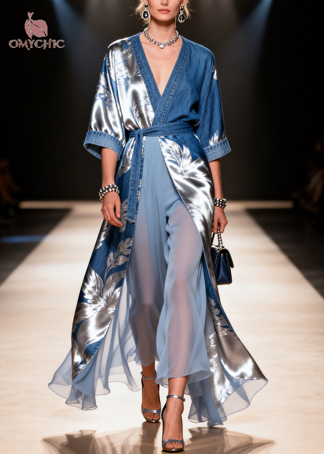 Casual Blue Tie Waist Print Denim Fake Two Piece Dress Summer