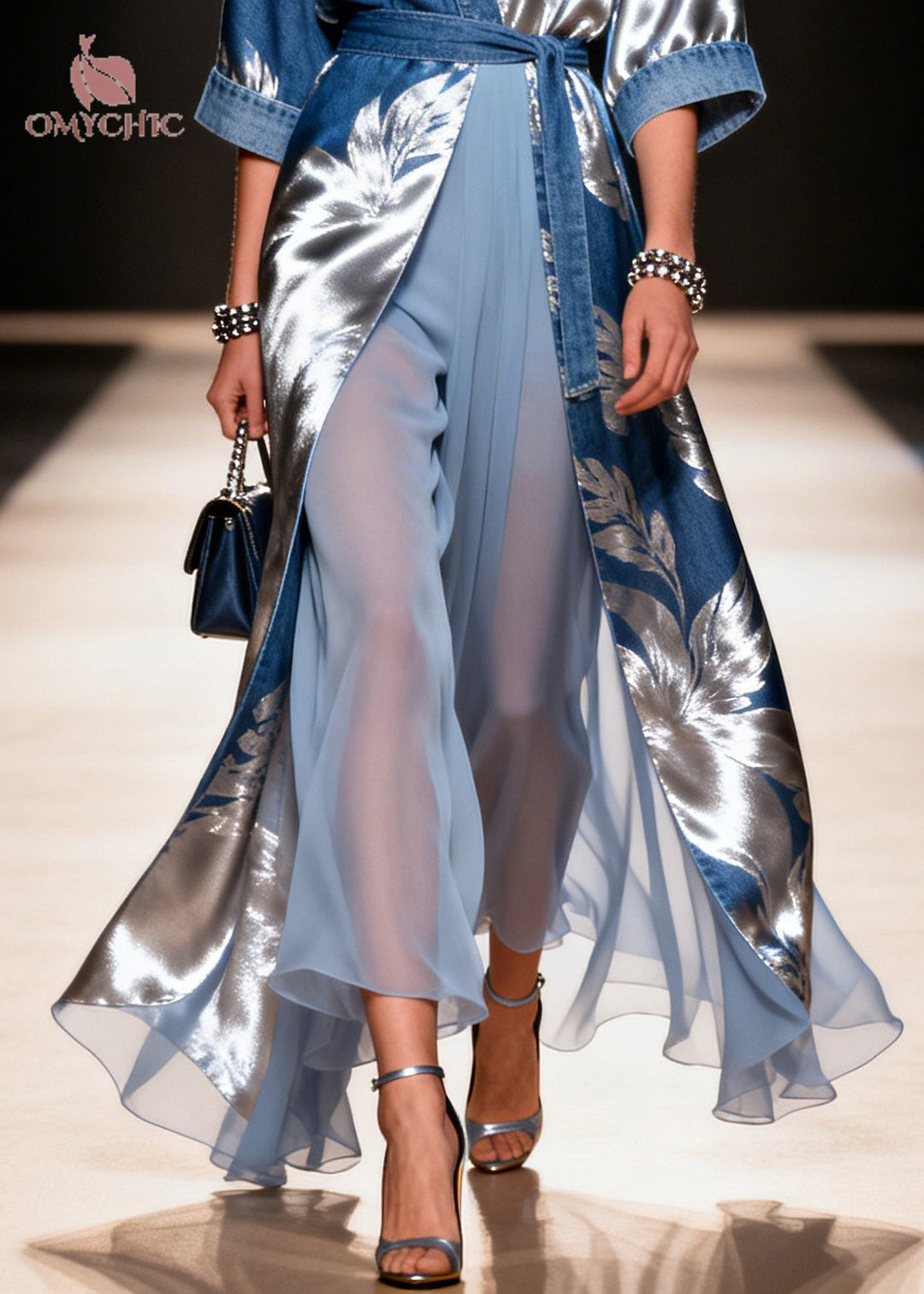 Casual Blue Tie Waist Print Denim Fake Two Piece Dress Summer