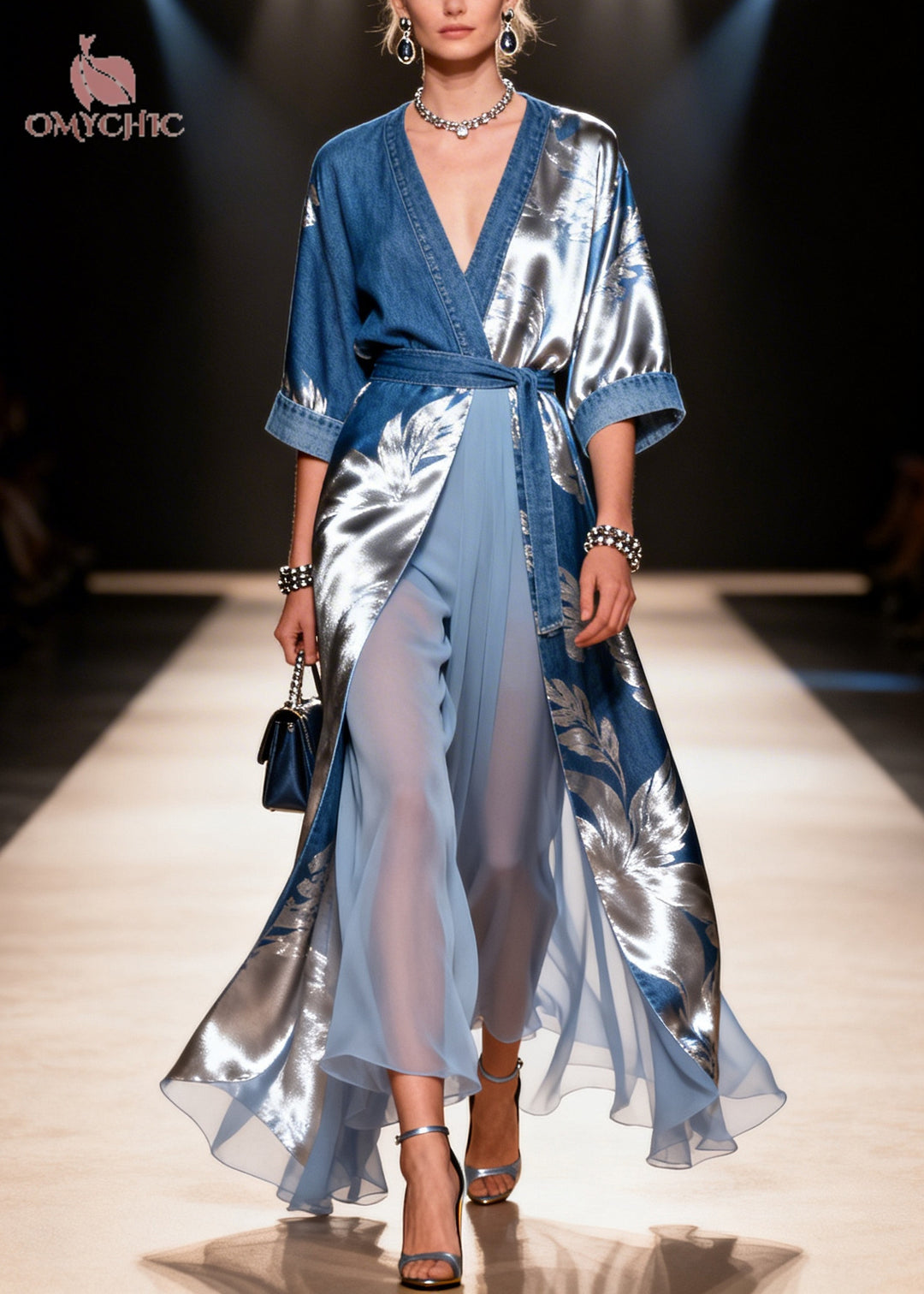 Casual Blue Tie Waist Print Denim Fake Two Piece Dress Summer