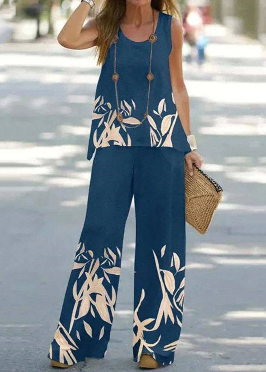 Casual Blue U Neck Print Vest And Wide Leg Pants Two Pieces Set Summer