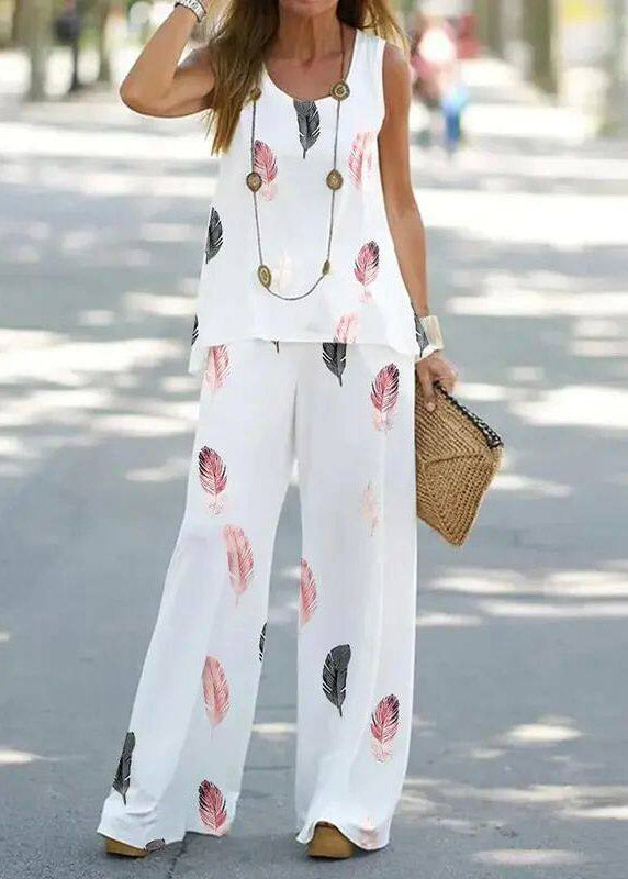 Casual Blue U Neck Print Vest And Wide Leg Pants Two Pieces Set Summer