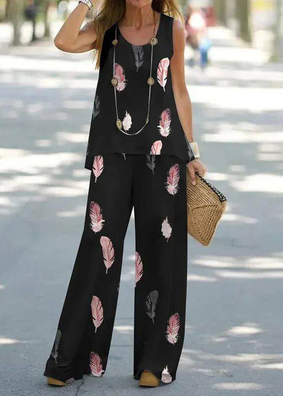 Casual Blue U Neck Print Vest And Wide Leg Pants Two Pieces Set Summer