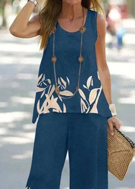 Casual Blue U Neck Print Vest And Wide Leg Pants Two Pieces Set Summer