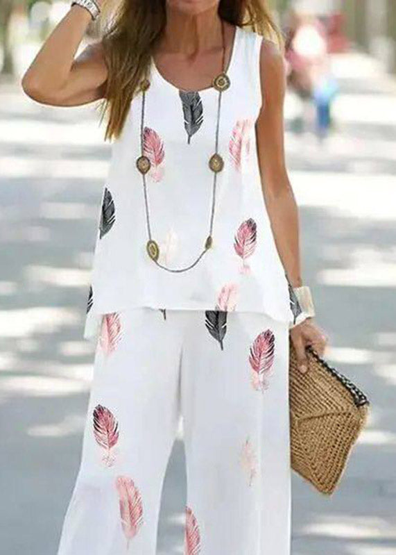 Casual Blue U Neck Print Vest And Wide Leg Pants Two Pieces Set Summer