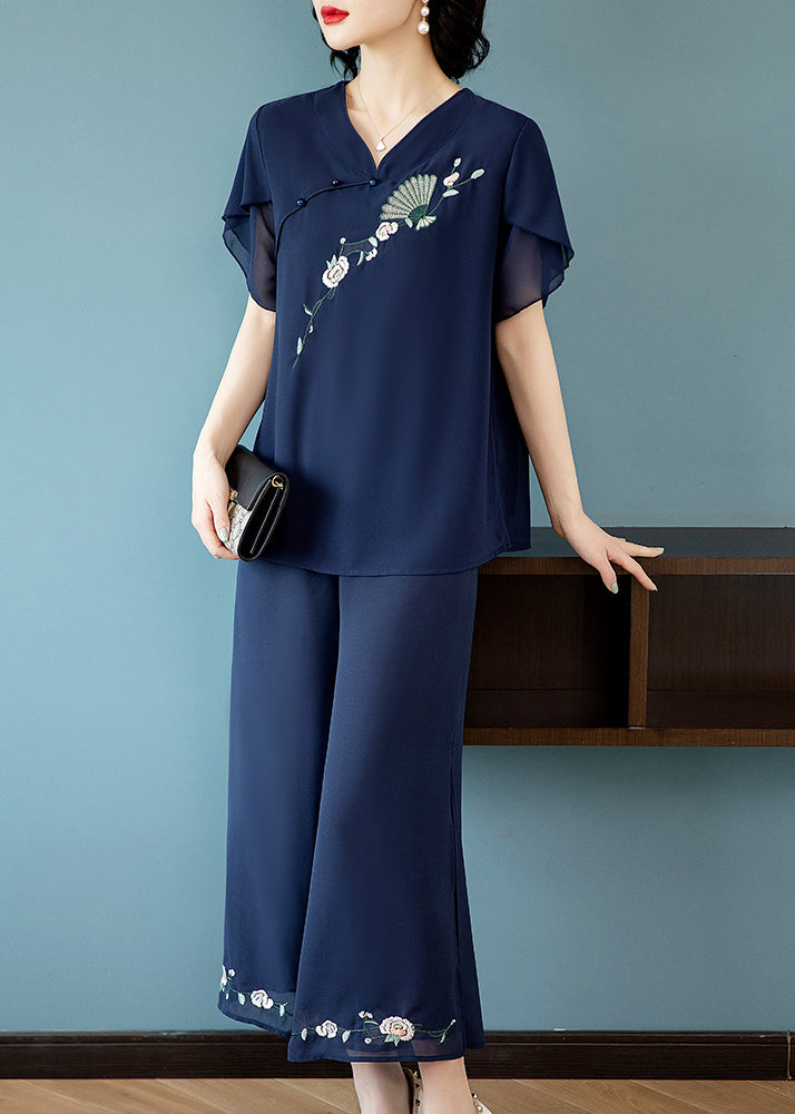 Casual Blue V Neck Embroidered Chiffon Top And Crop Pants Two-Piece Set Summer