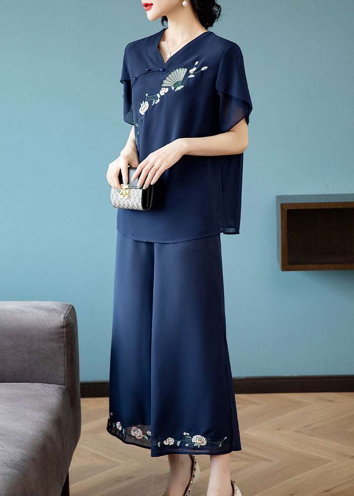 Casual Blue V Neck Embroidered Chiffon Top And Crop Pants Two-Piece Set Summer