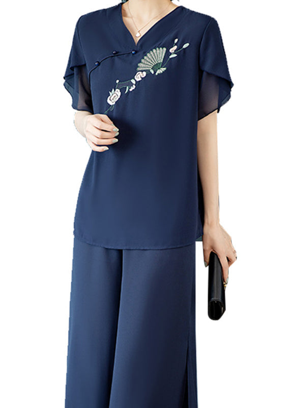 Casual Blue V Neck Embroidered Chiffon Top And Crop Pants Two-Piece Set Summer