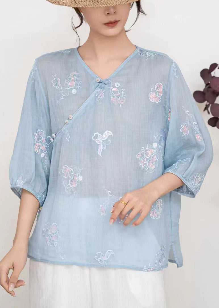 Casual Blue V Neck Embroidered Linen T Shirt Tops Summer