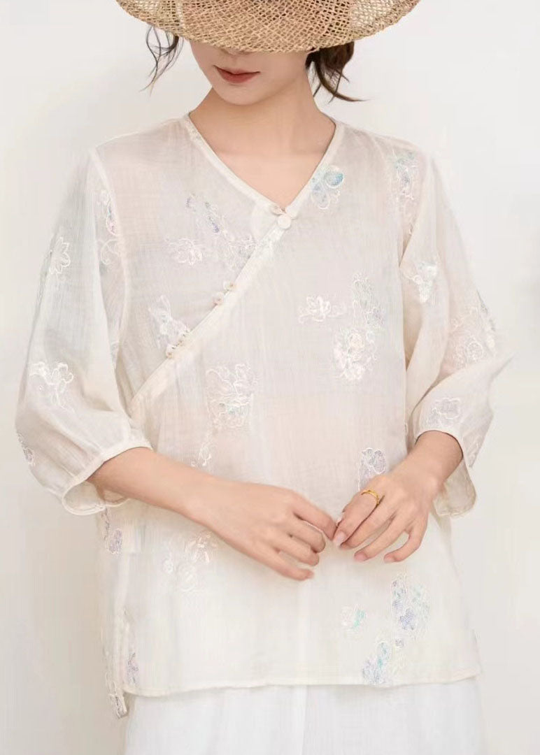 Casual Blue V Neck Embroidered Linen T Shirt Tops Summer