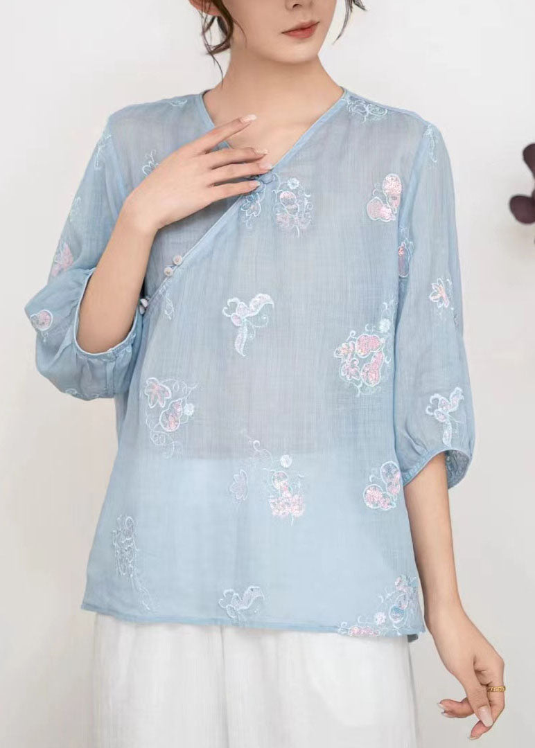 Casual Blue V Neck Embroidered Linen T Shirt Tops Summer