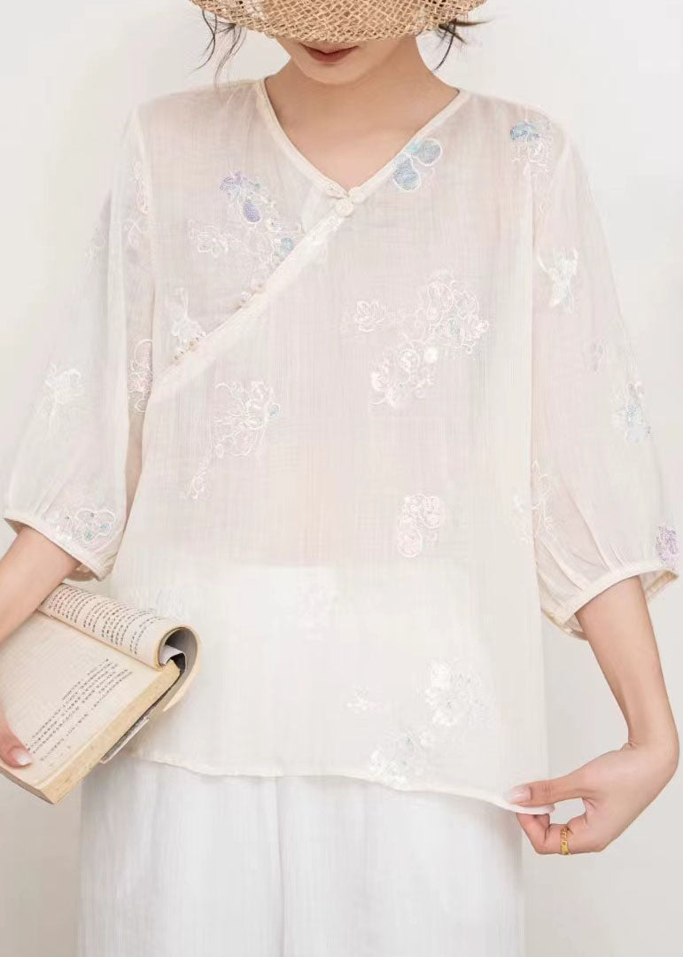 Casual Blue V Neck Embroidered Linen T Shirt Tops Summer