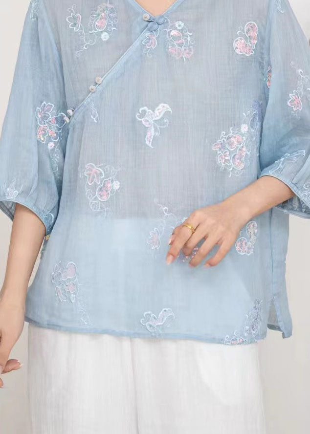 Casual Blue V Neck Embroidered Linen T Shirt Tops Summer