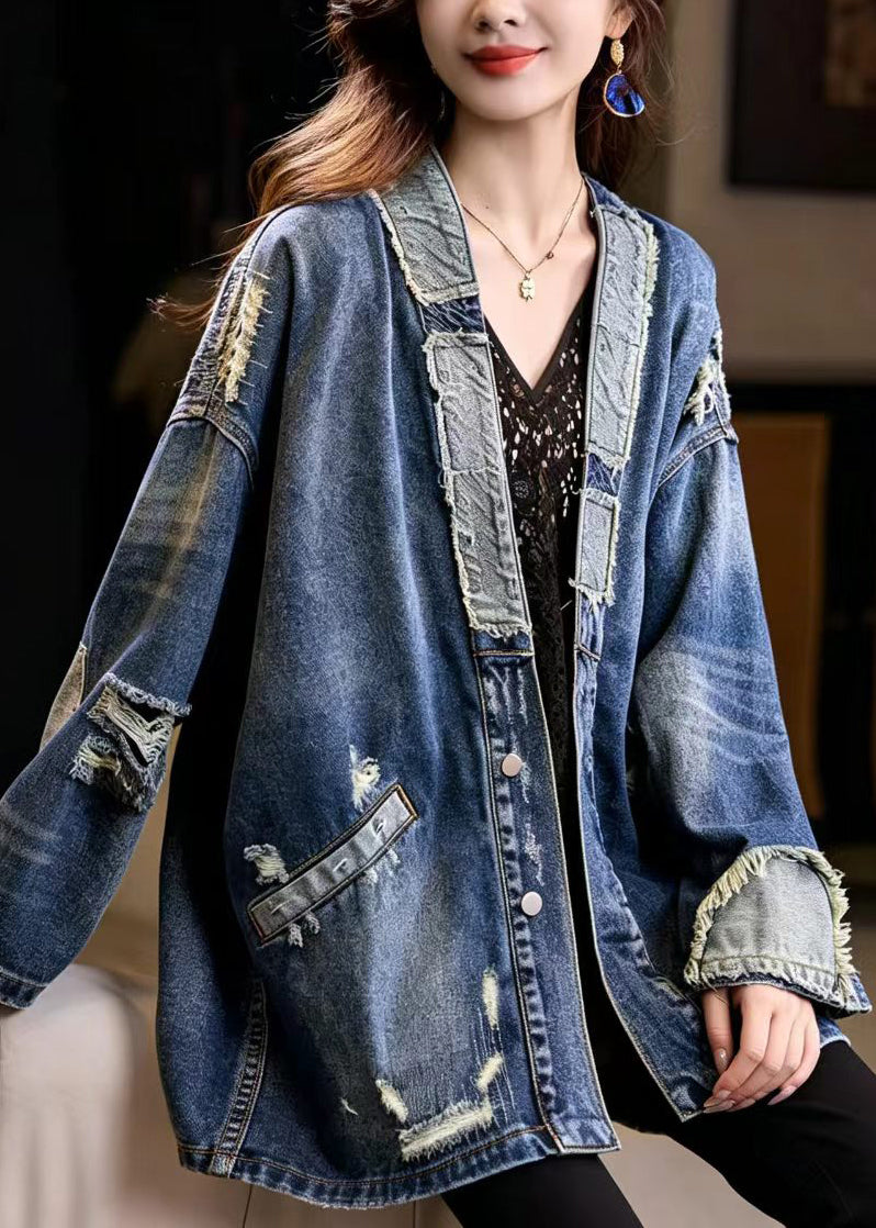 Casual Blue V Neck Hole Midi Length Denim Coat Fall
