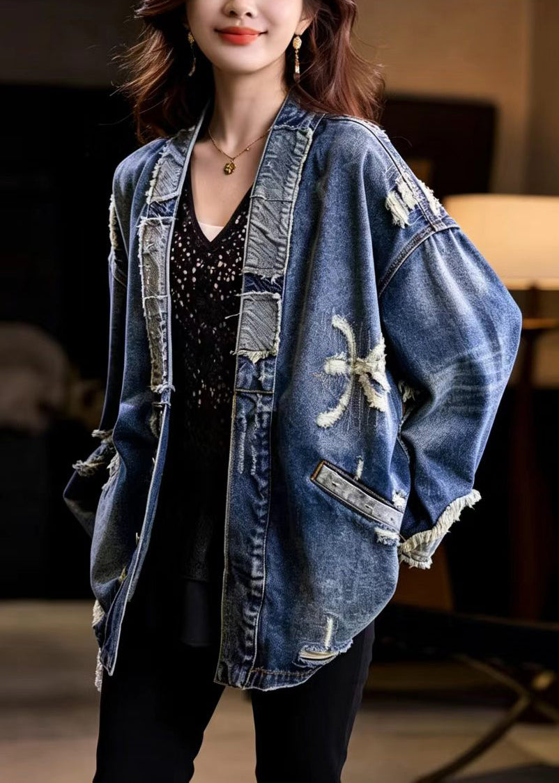 Casual Blue V Neck Hole Midi Length Denim Coat Fall