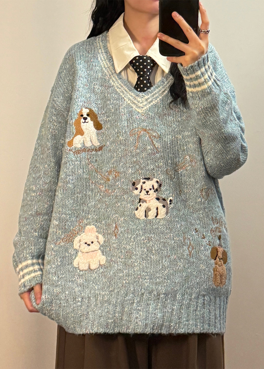 Casual Blue V Neck Little Dog Bow Knit Sweater Spring