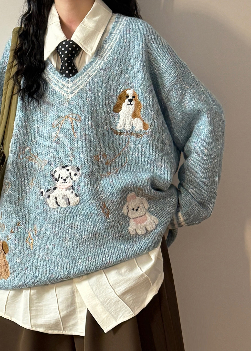 Casual Blue V Neck Little Dog Bow Knit Sweater Spring