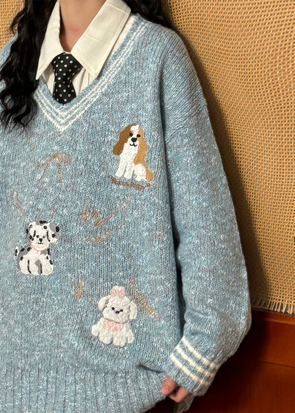 Casual Blue V Neck Little Dog Bow Knit Sweater Spring