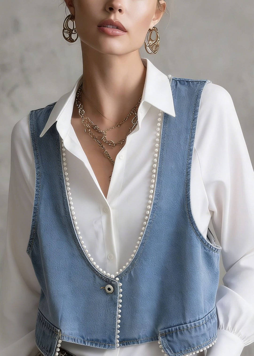 Casual Blue V Neck Pearl Edge Patchwork Denim Vest Sleeveless