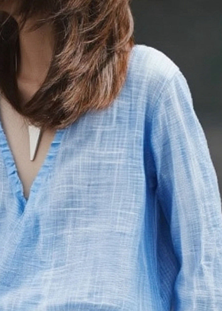 Casual Blue V Neck Solid Shirt Fall