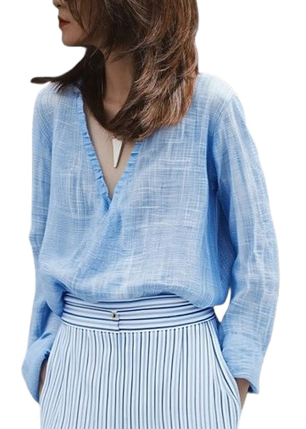 Casual Blue V Neck Solid Shirt Fall