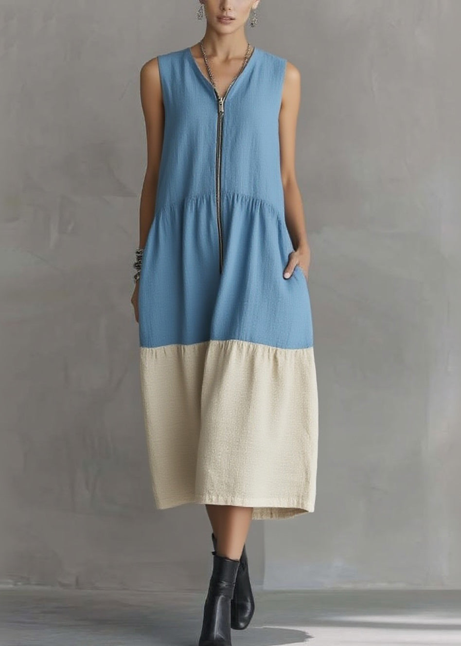 Casual Blue Vacation Maxi Dresses Zippered Patchwork Summer - Omychic