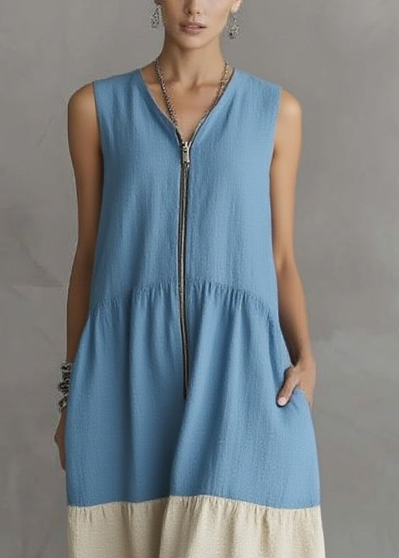 Casual Blue Vacation Maxi Dresses Zippered Patchwork Summer - Omychic