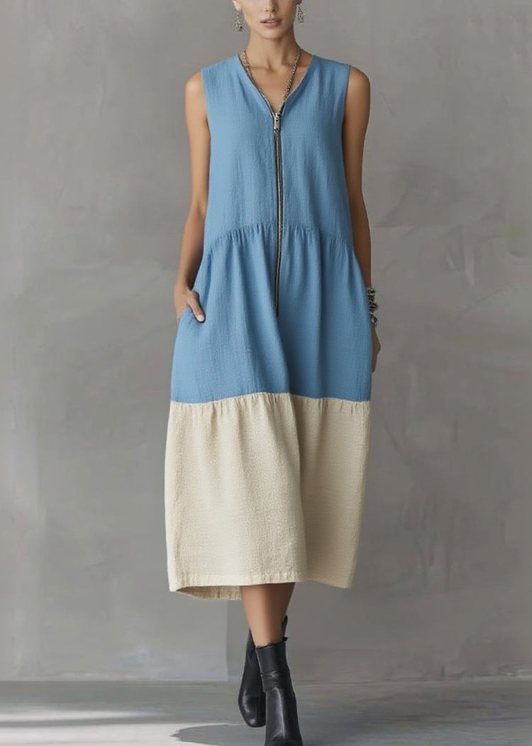 Casual Blue Vacation Maxi Dresses Zippered Patchwork Summer - Omychic