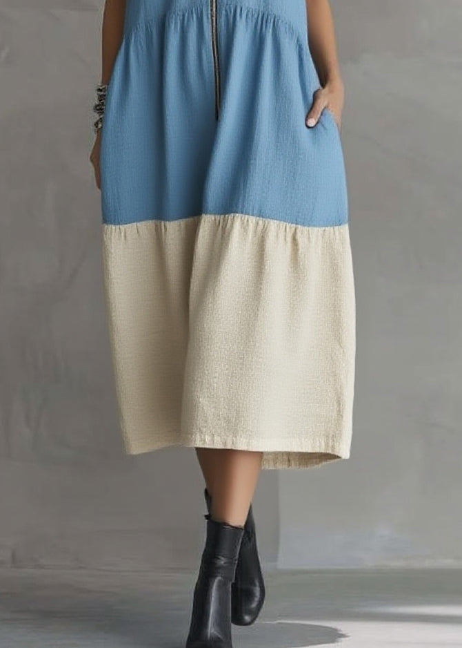 Casual Blue Vacation Maxi Dresses Zippered Patchwork Summer - Omychic